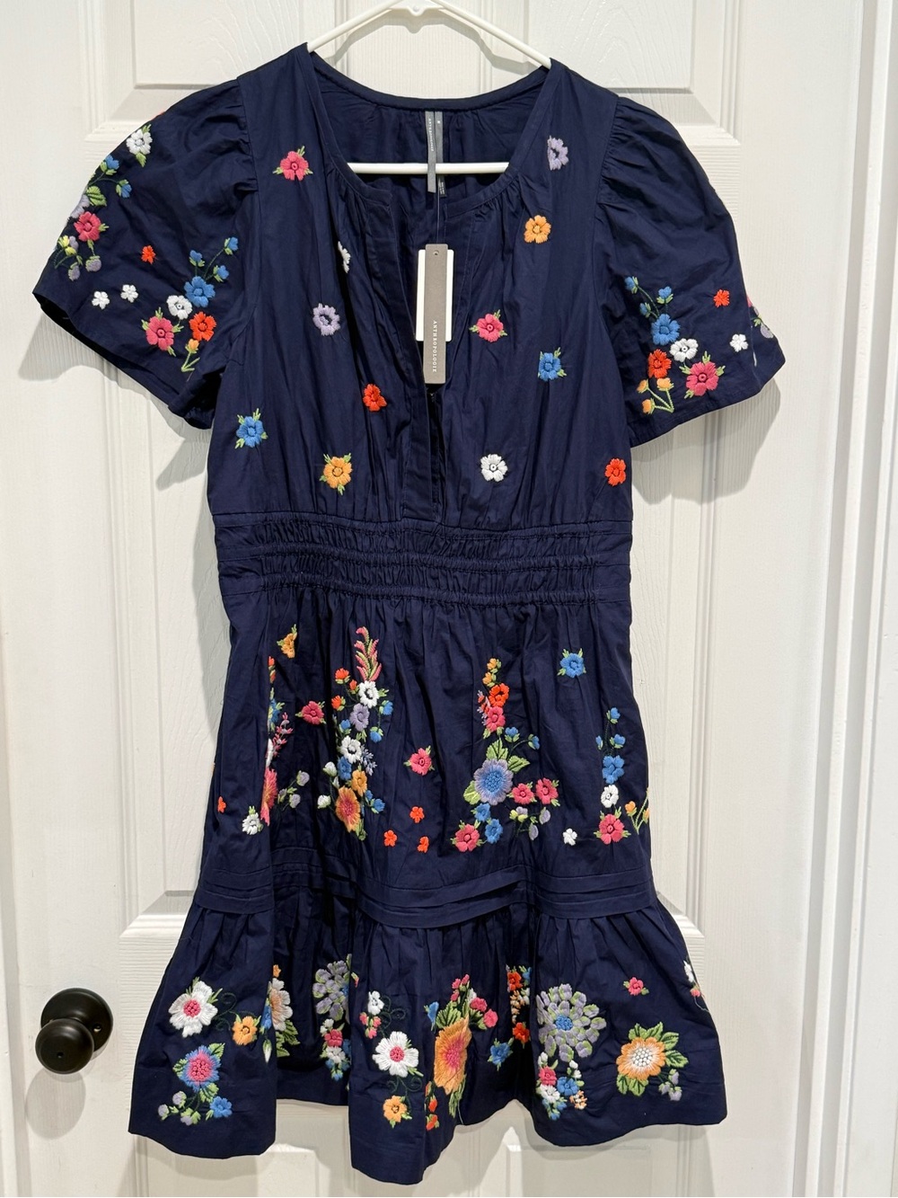 Anthropologie Navy Floral Embroidered Midi Dress
